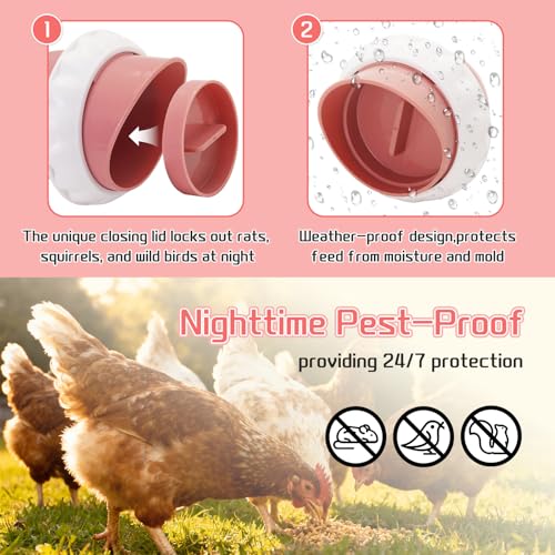 DIY Chicken Feeders 4 Ports Pink No Waste | Automatic Rain Proof, Poultry Feeder Kit, Includes 1 Hole Saw, for Buckets Barrels Bins Troughs - color: Pink