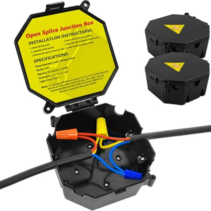 MIARALA Black Open Splice Junction Box (2 Pack), Electrical Splice Box Wire Junction Box with Cover V0 Flame Retardant Rating(Highest Level) - size: 2 pack