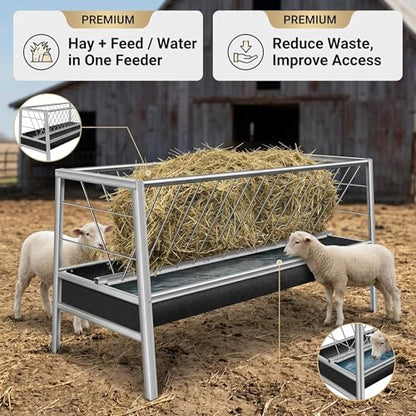 Sheep Trough, 55Gal Hay 22Gal Grain Dual Compartment Livestock Hay Feeder, Stainless Steel Goat Hay Feeder Large Capacity Pasture Grain & Hay Feeder for Goat Sheep Cattle.