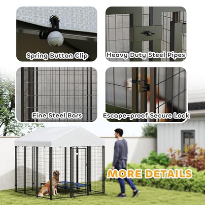 PawHut Outdoor Dog Kennel with Roof, 6' x 6' x 6' Heavy Duty Welded Wire Dog Playpen Enclosure with Escape-Proof Lock, UV-Resistant & Waterproof Cover, for Large Dogs, Chickens, Ducks, Silver - size: 71.3"L x 71.3"W x 72.0"H, style: Single Room