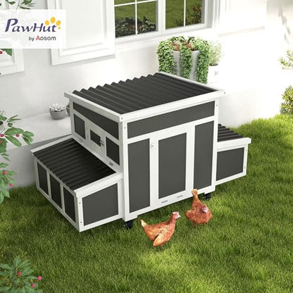 PawHut Wooden Chicken Coop, Chicken Tractor for 2-4 Chickens, Outdoor Poultry Cage Rabbit Hutch Duck Coop Hen House with Nesting Box, Tray, Windows, Dark Gray