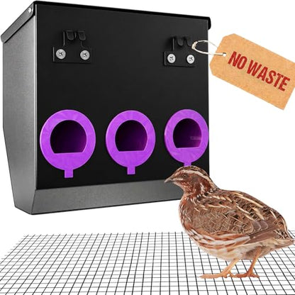 CluckRoots No Waste Quail Feeder, 1.5’’ Port for Adult Japanese Coturnix Quail Jumbo Pharaoh, Outside-Hanging 3-Port Feeder - No Mess No Spill, Space-Saving Metal Feeder for Wire Mesh Cage Hutch Pen - size: 8 Inch