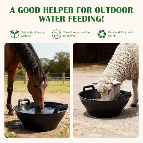 4pack Rubber Feed Pan for Horses, Goats, Pigs – 12 Quart/3 Gallon Heavy Duty Livestock Feeder, Chicken Dust Bath Tub Included – Farm Animal Feeding Bowl