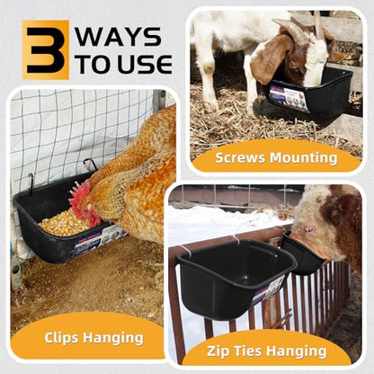 Goovilla Chicken Feeder Waterer, Hanging or Screw-in Fence Feeders with Clips, 2 Pack 5 Quart Goat Feeding Supplies, Duck Piglet Sheeple Coop Dog Livestock Poultry Plastic Feeder Trough Bucket, Black - color: Black, size: 5 Quart