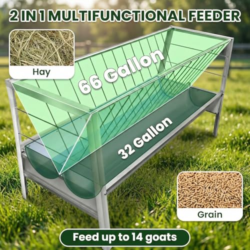 100 Gallons Heavy-Duty Goat Hay Feeders with Detachable Grain Tray, Anti-Rust Horse Trough, Galvanized Steel Hay Feeder for Goats/Sheep/Horse/Cow, No Need for Maintenance/Easy to Assemble