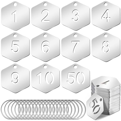 Yaocom 50 Pcs Hollowed Stainless Steel Number Tags Metal Numbered Key Number Labels Coat Check ID Tags with Key Rings Chain for Backpack Hooks Dormitory Keys House Lockers - style: Hexagon, 1-50