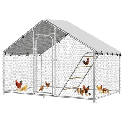 Large Metal Chicken Coop with Roosting Perch, UV-Resistant and Waterproof Cover, Chicken Run Outdoor Walk-in Cage Rabbit Duck Hen House for Yard Farm Use Spire Roof (10’ W x 4.9’ L x 6.4’ H) - size: 59.9"L x 118.0"W x 78.0"H