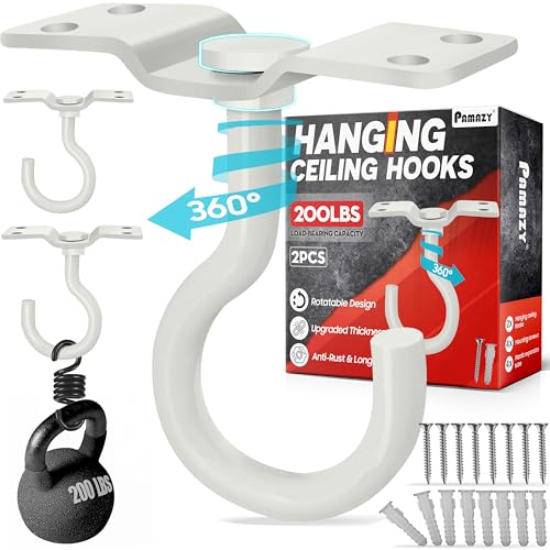 [UPGRADED] 2Pcs 200LBS Rotatable Ceiling Hooks with 4 Screw Points Base, Wall Mount Metal Hanger White Ceiling Hook for Hanging Plant, Bird Feeder, Lights, Bed Canopy, Wind Chime, Indoor Outdoor Decor - style: 2PCS
