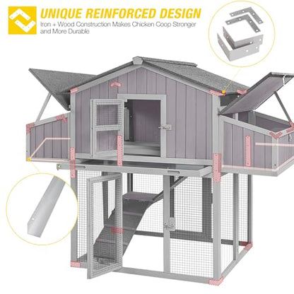 Aivituvin Chicken Coop Double Folding Fir Wood Chicken House with Large Nesting Box Poultry Cage Upgrade with Strong Iron Frame, Durable & Waterproof for 4-6 Hens Duck Coop - color: Grey, size: AIR66