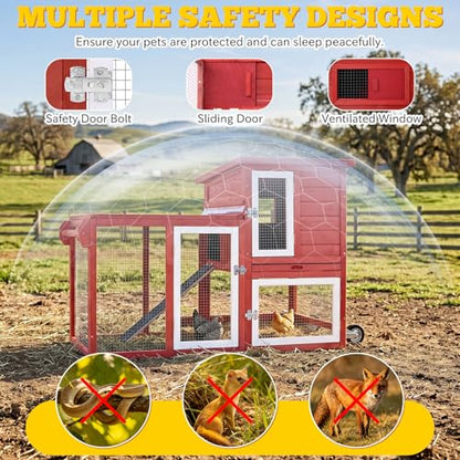 Mobile Chicken Coop with Wheels for 1–2 Chickens,Rabbit Hutch Indoor Outdoor, Small Chicken Coop Bunny Cage with Run, Waterproof Asphalt Roof & UV-Resistant Roof, Pull-Out Tray, Red