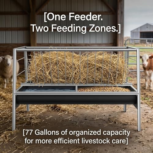 77 Gallon Hay Feeder, 2-in-1 Livestock Feeder for Goats Sheep Calves Horses, Stainless Steel Goat Feeder with Rubber Trough