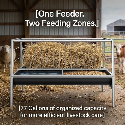 77 Gallon Hay Feeder, 2-in-1 Livestock Feeder for Goats Sheep Calves Horses, Stainless Steel Goat Feeder with Rubber Trough
