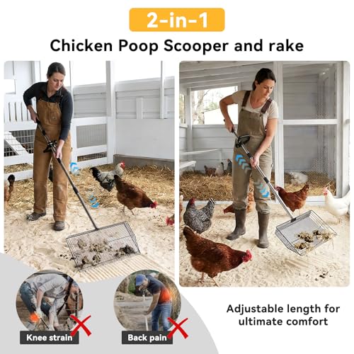 AiQInu 2-in-1 Chicken Poop Scooper & Rake, Adjustable Stainless Steel Poop Scoop with 24"-90" Long Handle, Sifting Shovel for Chicken Coop, Goat Stall & Stable Cleaning