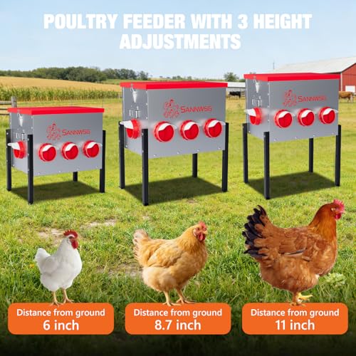 Sannwsg Chicken Feeders,68 lb Capacity 8 Port Automatic Chicken Feeder, Metal Chick Feeder with Locking Lid and Legs, Chicken Feeder for Chickens, Ducks, Geese - size: 8 Ports (3+3+2)