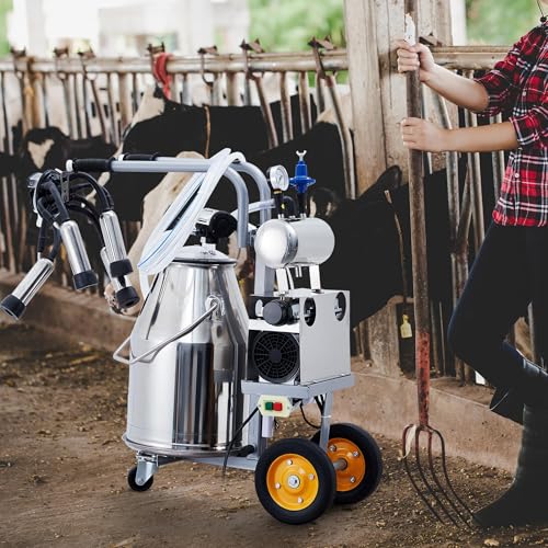 Electric Milking Machine for Cows, Farm Bucket Milker, Automatic Pulsation Vacuum Milker Machine with 25 L 304 Stainless Steel Bucket, Silicone Hose, Cleaning Brush