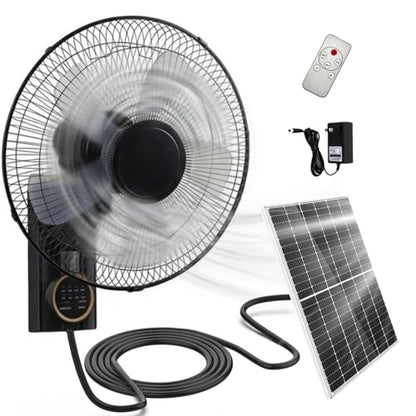 16" Solar Barn Fan for Chicken Coop and Greenhouse, Patio Fan Wall Solar Fan with Remote, 16ft Extension Cable AC/Solar Dual Power, 90° Oscillating Fans Waterproof Garage Cooling System