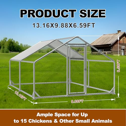 Large Outdoor Chicken Coop with Run, Metal Walk-in Poultry Cag with Waterproof & Anti-UV Cover Lockable Doors,Ducks Coop and Other Small Animals for Yard/Farm/Ranch (13.16'L x 9.88'W x 6.59'H) - size: 13.16'L x 9.88'W x 6.59'H