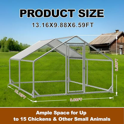 Large Outdoor Chicken Coop with Run, Metal Walk-in Poultry Cag with Waterproof & Anti-UV Cover Lockable Doors,Ducks Coop and Other Small Animals for Yard/Farm/Ranch (13.16'L x 9.88'W x 6.59'H) - size: 13.16'L x 9.88'W x 6.59'H
