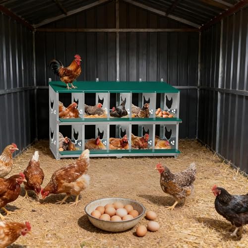 Garvee Large Metal Chicken Nesting Boxes for Hens, 10 Compartment Galvanized Steel Nesting Box, Includes 4 Fake Eggs & 10 Soft Nest Pads, Wall Mount or Freestanding for Coop & Farm - style: 10 Holes