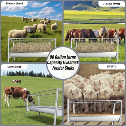 90 Gallon Goat Hay Feeder No Waste, 2 in 1 Hay Feeder for Goats with 30-GAL Feed Pan & 60-GAL Hay Rack, Livestock Hay Feeder for Feeding Goat, Sheep, Horse, Indoor & Outdoor(Galvanized Steel) - style: Galvanized Steel