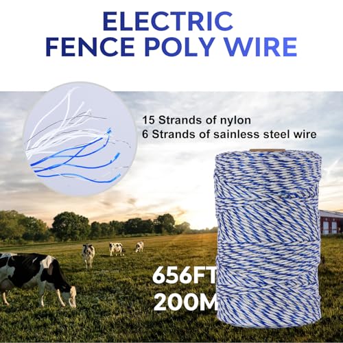 656ft Electric Fence Polywire with 50Pcs Electric Fence Insulators&1 Insulated Sleeve,6 Stainless Steel Strands for Reliable Conductivity&Rust Resistance,Portable Electric Fence Wire Kit for Livestock - size: Polywire withBox