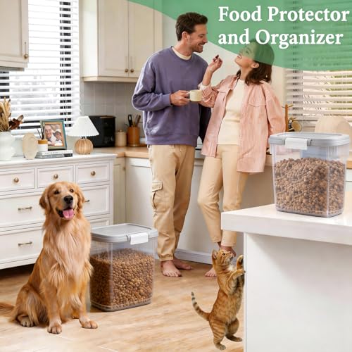 Gray White Airtight Dog Cat Food Storage Container 10 Lbs - Slim Tall Pet Food Treat Container with Lid, Scoop and Cup - Clear Plastic Dry Food Storage Bin for Dogs, Cats, Bird Seeds, Kibble, Pellets - color: Gray White
