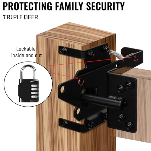 TRIPLE DEER Self-Locking Fence Gate Latch, Heavy Duty Vinyl Post Mount Automatic Self-Closing Wooden Gate Hardware, Gravity Lever Door Latches Hardware for Secure Pool/Yard/Garden Outdoor, Black