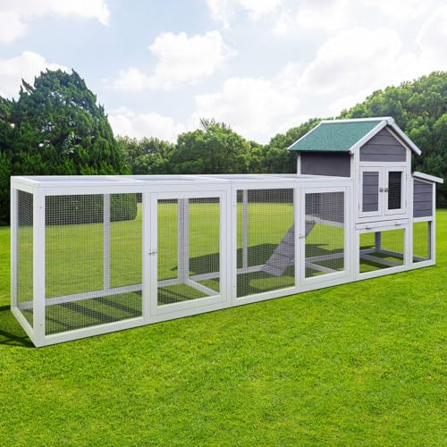122" Large Chicken Coop with Nesting Box and Run, Outdoor Wooden Poultry Cage with Waterproof Asphalt Roof, Pull-Out Tray, and Ramp, Hen House for 3–6 Chickens, Grey - color: Grey