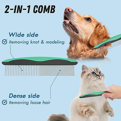 Docrok Pet Grooming Brush and Metal Comb Combo, Cat Brush Dog Brush for Shedding, Undercoat Rake for Dogs Grooming, Dematting Deshedding Brush Dogs Shedding Tool for Long matted Haired Pets, Green - color: Green
