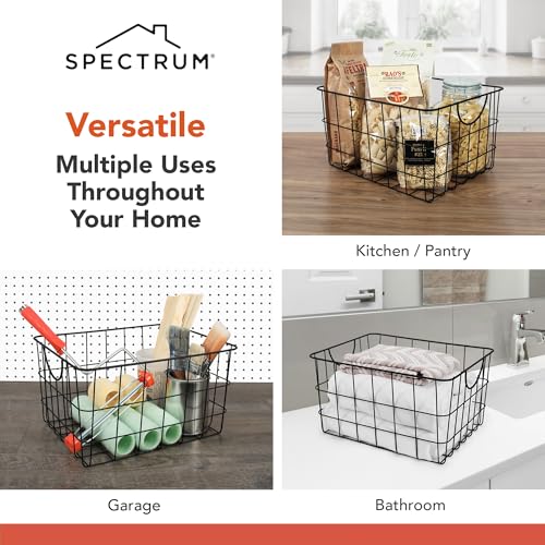 Spectrum Large Wire Basket with Handle Black Metal Utility Storage Bin for Organizing Kitchen Pantry Cabinets Closet and Garage Shelves, Steel Metal Basket Storage Organizer Bin with Handle