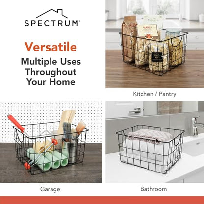 Spectrum Large Wire Basket with Handle Black Metal Utility Storage Bin for Organizing Kitchen Pantry Cabinets Closet and Garage Shelves, Steel Metal Basket Storage Organizer Bin with Handle