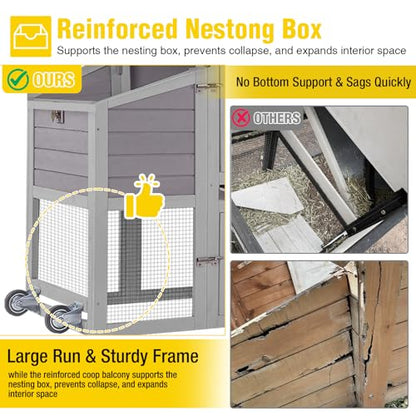 Aivituvin Mobile Chicken Coop with Wheels for 4-6 Chickens, Backyard Expandable Chicken House Duck Cage with Run, 2 Nesting Boxes, Easy Clean Pull-Out Tray, Leak-Resistant Asphalt Roof, 82.4"(Grey)