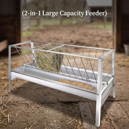 Heavy Duty 2 in 1 Hay Feeder, 59 Inch Weather Resistant Galvanized Steel Feeding Trough, Detachable Deep Pan Hay Grain Feeder, Easy to Assemble Outdoor Farm Feeder for Goats Sheep Calves