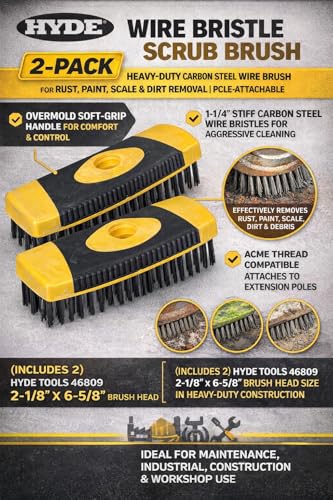 Hyde Tools 46809 1-1/4" Wire Bristle Scrub Brush, 2-Pack | Heavy-Duty Carbon Steel Wire Brush for Rust, Paint, Scale & Dirt Removal | Pole-Attachable Acme Thread