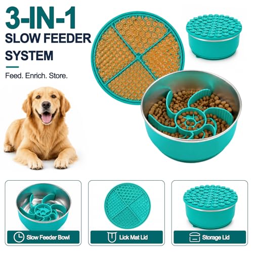 Large Dog Bowl 8 Cups Stainless Steel with Slow Feeder Insert and Lick Mat Storage Lid, 3-in-1 Non-Slip Pet Bowl for Kibble, Wet Food,Travel