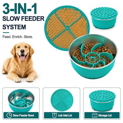 Large Dog Bowl 8 Cups Stainless Steel with Slow Feeder Insert and Lick Mat Storage Lid, 3-in-1 Non-Slip Pet Bowl for Kibble, Wet Food,Travel