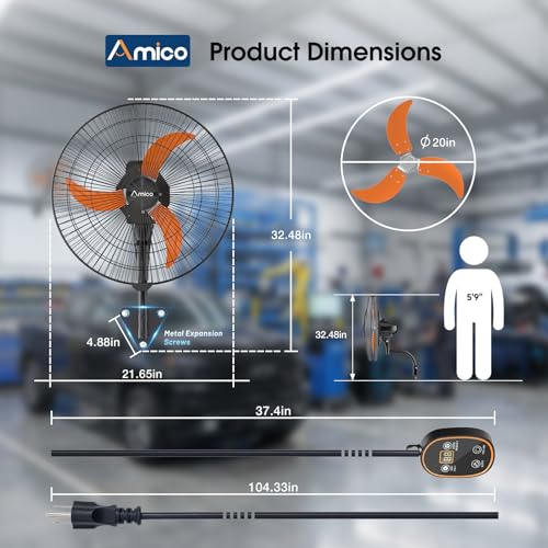 Amico 20" Industrial Wall Mount Fan with Remote Control, 5000 CFM High Velocity Oscillating Wall Mounted Fan, DC Motor Commercial Shop Fan for Garage, Workshop, Gym, Patio, Indoor/Outdoor