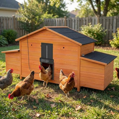 Wooden Chicken Coop with Solar Automatic Door, Predator-Proof Outdoor Hen House with 2 Nesting Boxes & Deep Pull-Out Tray, All-Weather Poultry Cage for Backyard ([2-4] Chickens)