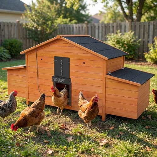 Wooden Chicken Coop with Solar Automatic Door, Predator-Proof Outdoor Hen House with 2 Nesting Boxes & Deep Pull-Out Tray, All-Weather Poultry Cage for Backyard ([2-4] Chickens)