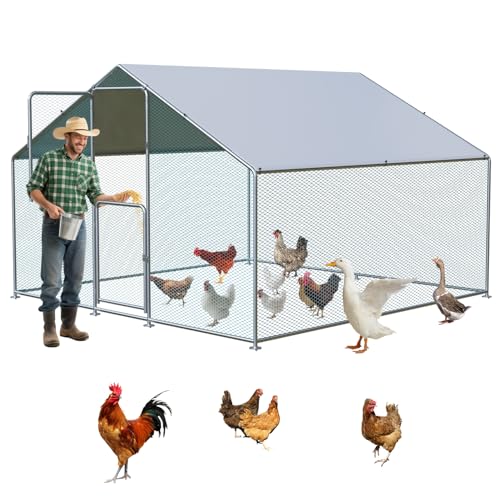 LotFun Metal Chicken Coop, Outdoor Chicken Runs for Yard with Waterproof & Anti-UV Cover, Double Lockable Doors, Outdoor Hen/Duck/Rabbit Runs for 10-30 Chickens (9.8 x 7 x 7FT)