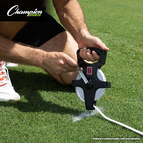 Champion Sports Open Reel Measuring Tapes – Durable Hand Crank with Metal Spike, Dual-Sided Feet & Meters, Perfect for Track & Field and Long Jump, 200 Feet/60 Meters - size: 60 m