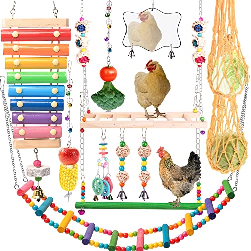 Chicken Toys for Coop 12PCS Set, KAKUNM Chicken Enrichment Toys，Including Xylophone, Swing Set, Mirror Toy, Flexible Ladder, Vegetable String Bag and Hanging Feeder, Coop Accessories for Hens - color: 12PCS