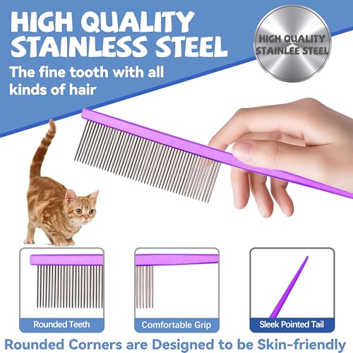 Grooming Pet Comb Rat Tail Dematting Cat and Dog Comb，Rounded Ends Design for Safe Tangle Removal, Hairstyling, Massage，Loose Hair Removal，Prevent Irritation，Fluffing Paws,Face,Tail,Remove Tear Stain - color: Purple