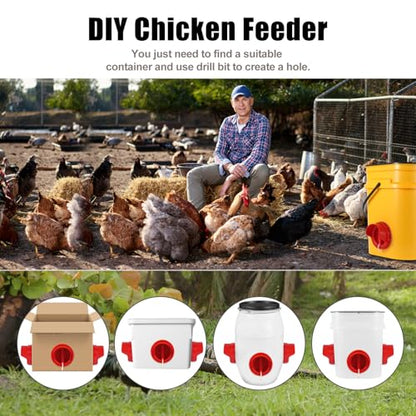 Chicken Feeder No Waste, 6 Ports Automatic Poultry Feeder with Covers & Hole Saw, Rain Proof Chicken Feeder Port for Buckets, Bins & Barrels - color: Red
