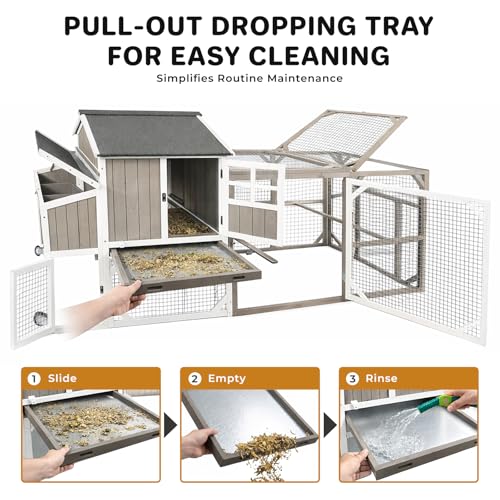 Large 95.3 in Outdoor Chicken Coop with Run & Wheels for 3-6 Chickens | Wooden coop with 3-compartment nesting box, 2 dividers, pull-out tray, UV-resistant roof, predator-resistant wire mesh