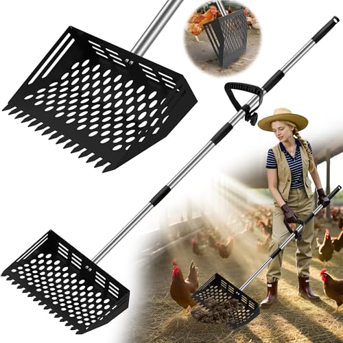 2 in 1 Chicken Poop Scooper & Rake, 12" Chicken Coop Scooper With Ergonomic Grip, Durable Chicken Scooper for Poop With 4 Length Adjustable Stainless Steel Handle(24 to 67") Litter Sifting Shovel