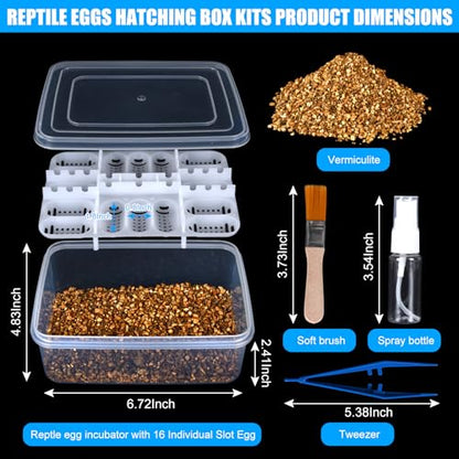 16 Grids Reptile Egg Incubator Box Turtle Lizard Gecko Snake Hatching Container Complete Kit with Tweezers Clip Vermiculite Spray Bottle