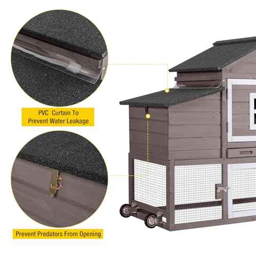 Aivituvin Chicken Coop Outdoor with Wheels, Mobile Hen House Wooden Poultry Cage with Run & Waterproof Roof (Grey with White)