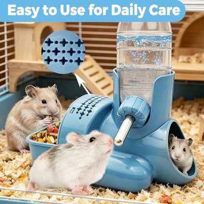 VANNON 3 in 1 Hamster Water Bottle No Drip Small Animal Water Bottle Automatic Bottle Dispenser with Food Container Base Hut and Hideout Base 4oz/120ml,Leekproof, BPA Free - color: Blue
