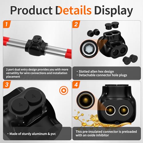 2 Port Insulated Multi Tap Connector 4-14AWG Aluminum to Copper Wire Connectors Dual Entry Black Electrical Cable Connectors with Slotted Allen Hex - 6 Pack - size: 4-14 AWG